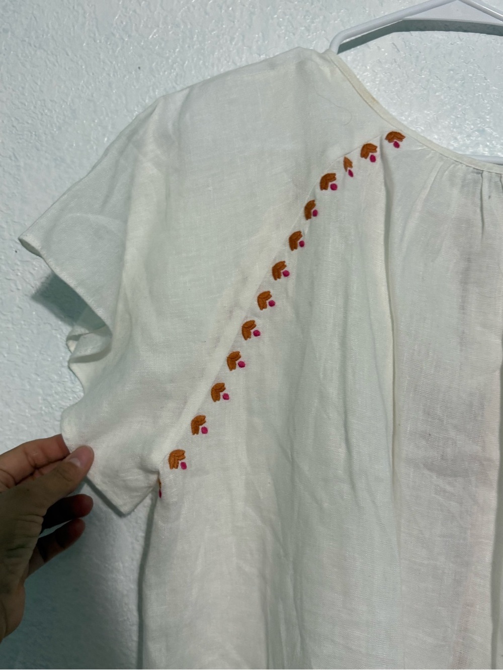 Madewell Embroidered Boho Shift Dress XL White Floral Short Sleeve Ruffle Hem - Picture 5 of 6